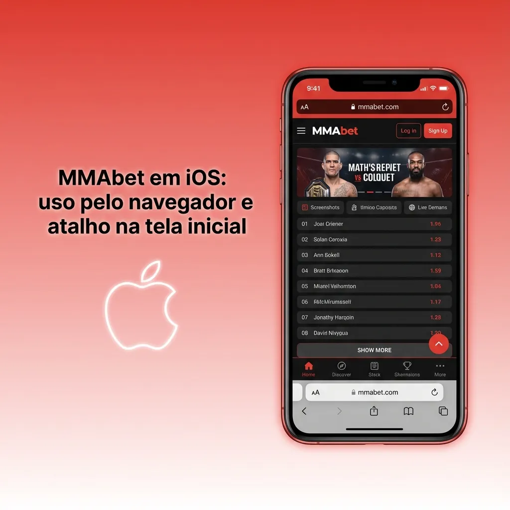 Tela de iPhone com Safari aberto no site MMAbet e passo a passo para adicionar o atalho à tela inicial como app